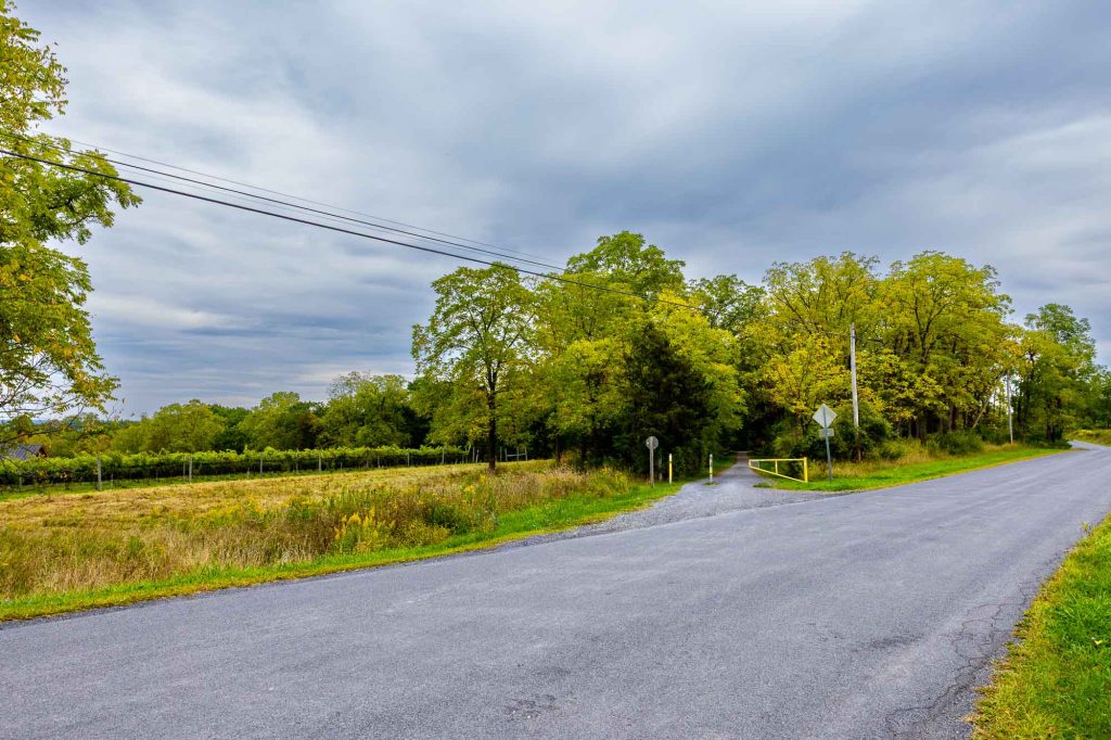 Curved rural road with green trees, grassy fields, a yellow gate, and traffic signs under a cloudy sky.