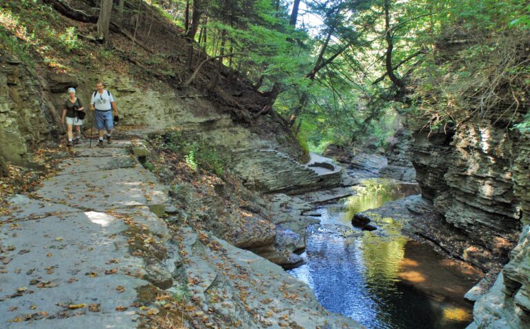 Alt=Two hikers walk on a rocky trail beside a gorge with layered stone walls, a stream below, and dense green trees overhead in sunlight.