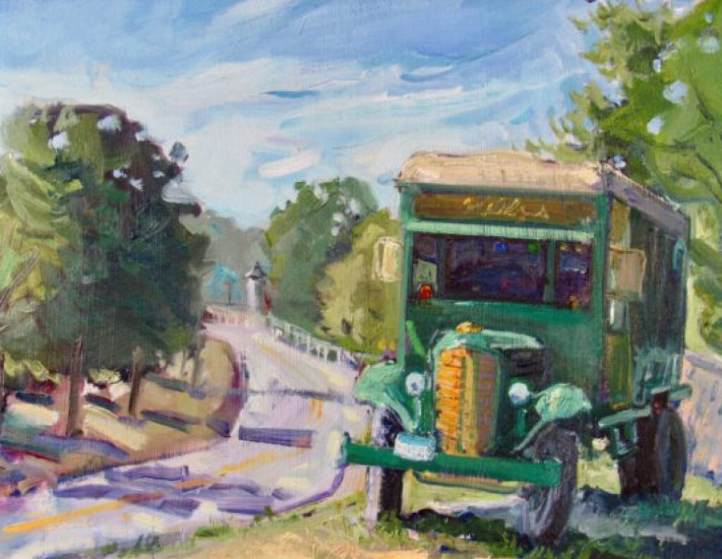 Colorful painting of an old green truck parked by a winding road, with trees and a bright blue sky with white clouds.