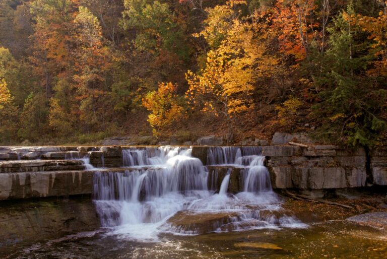 Small waterfall over rocky ledges surrounded by autumn trees with orange, yellow, and green leaves.