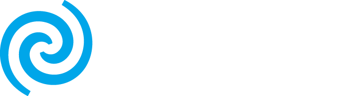 Blue spiral design on the left; bold white text Markforged on the right, transparent background.